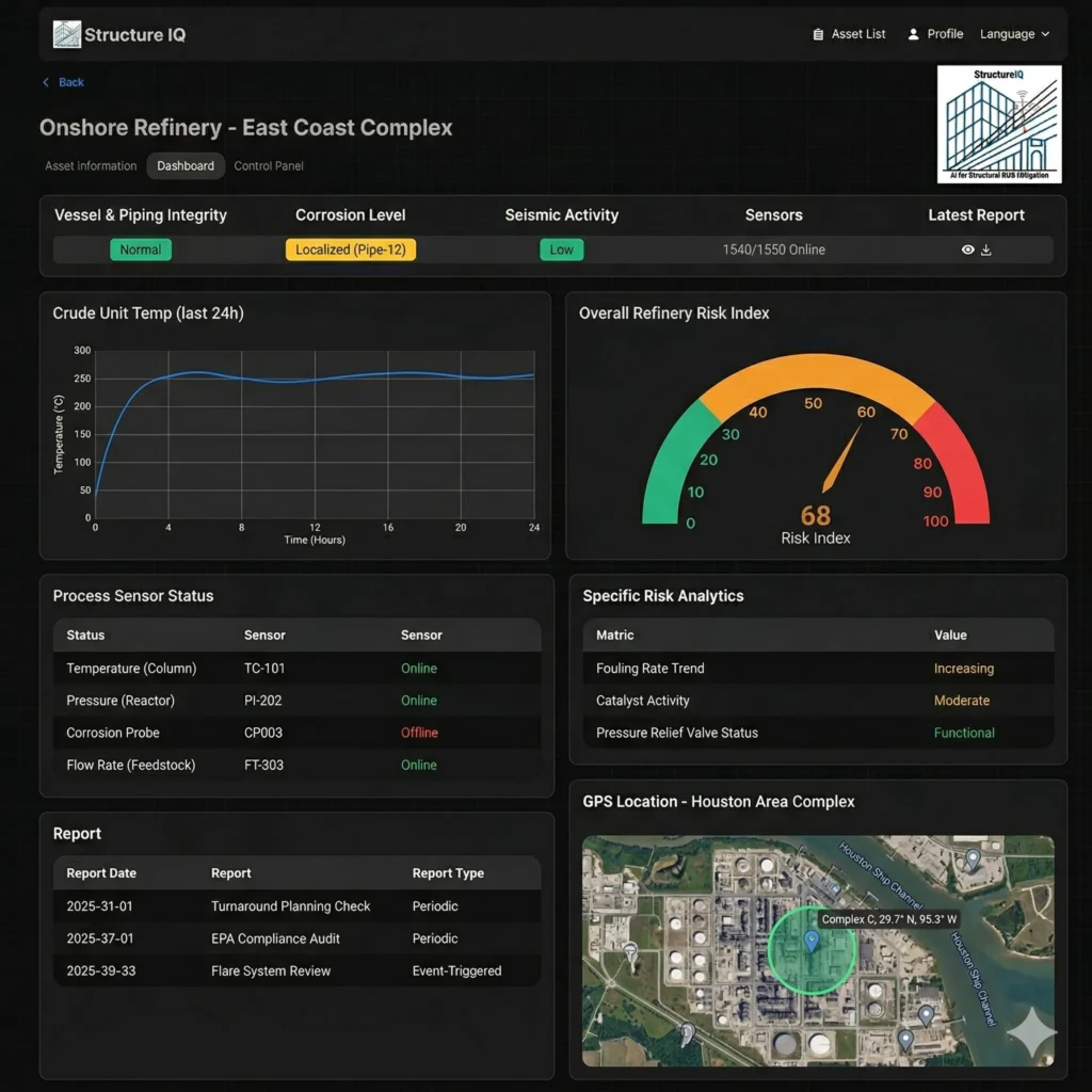 StructureIQ Sentinel AI dashboard showing Structural Condition Index scores for onshore petroleum refinery assets